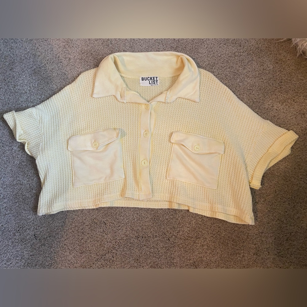 The Bucket List sweater shirt, yellow with buttons, size small